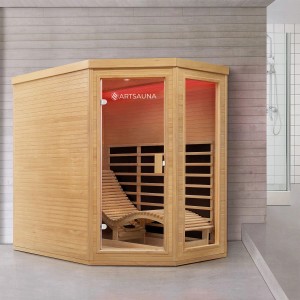 Artsauna Infrarotkabine Esbjerg aus Hemlockholz mit Liege und LED-Farblicht.