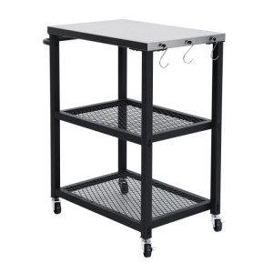 Taino Netis Grillwagen schwarz mit Edelstahl-Arbeitsplatte, zwei Gitterablagen, Rollen und Haken. Ideal für Outdoor.