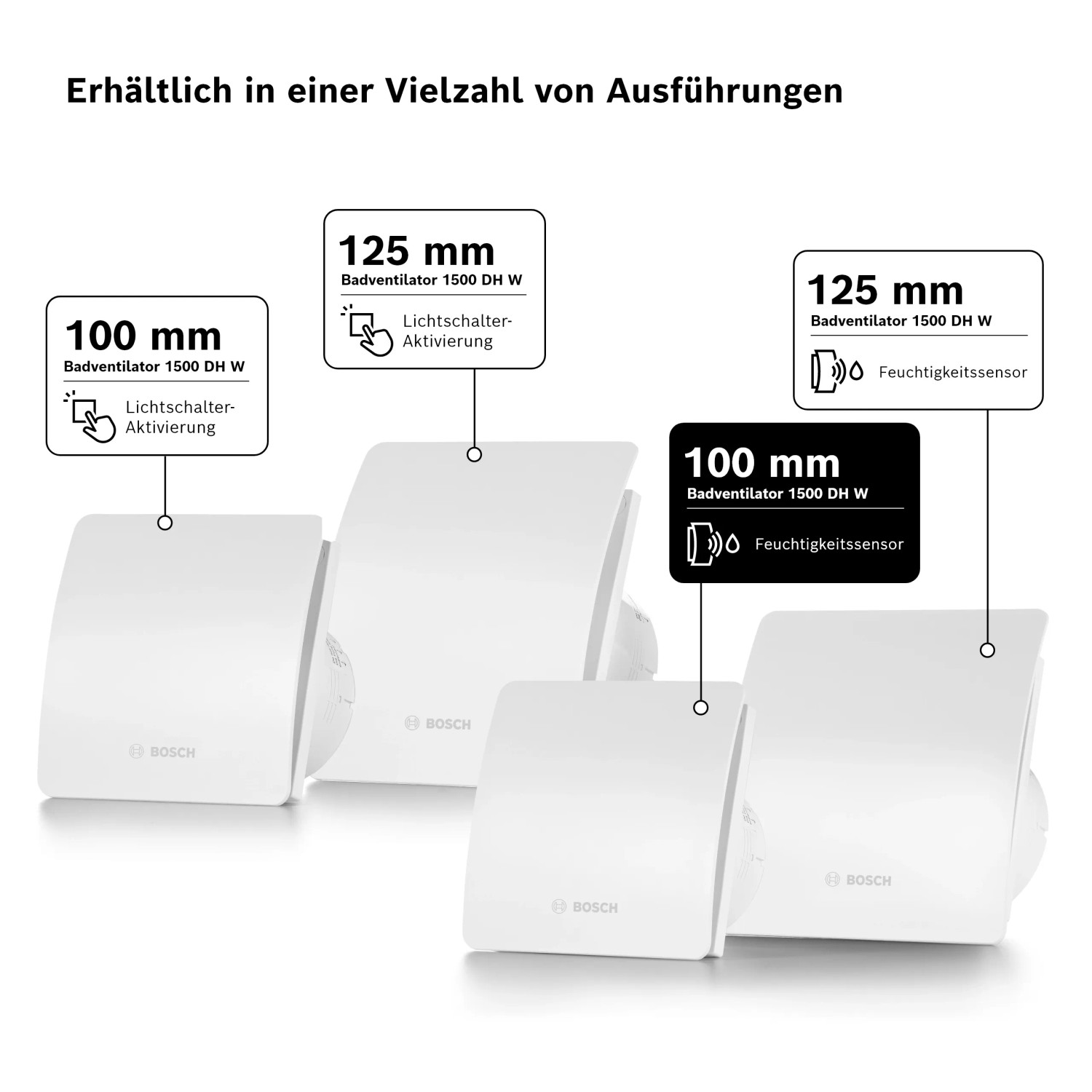 Bosch Badventilator Fan 1500 DH W, verschiedene Ausführungen (100/125mm) mit/ohne Feuchtesensor.