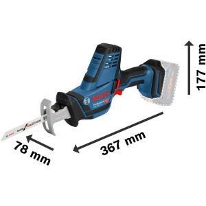 Bosch Professional Akku-Säbelsäge GSA 18V-LI C mit Akku und L-Boxx, Maße eingeblendet.