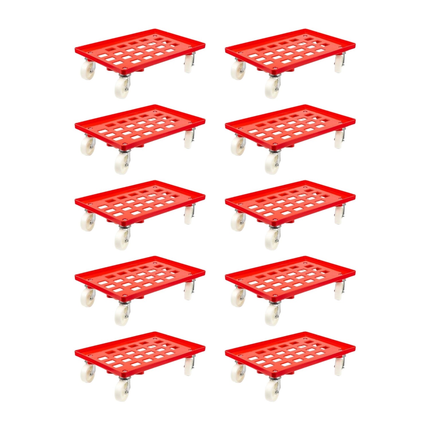 PROREGAL SparSet 10x Transportroller für Euroboxen 60 x 40 cm mit Kunststoffräder Rot Gitter/Rasterdeck 4 Lenkrollen Tra