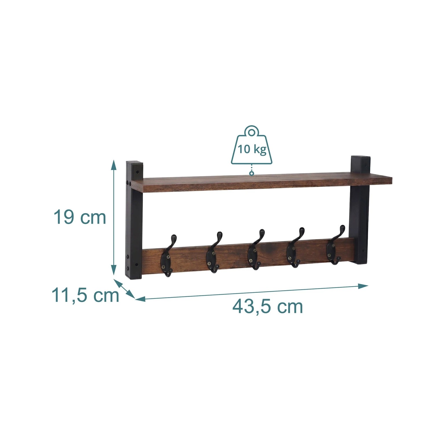 Relaxdays Schlüsselbrett mit 5 Haken und Ablage, dunkelbraunem MDF und schwarzem Eisen im Industrial Design. 19x43,5x11,5 cm.