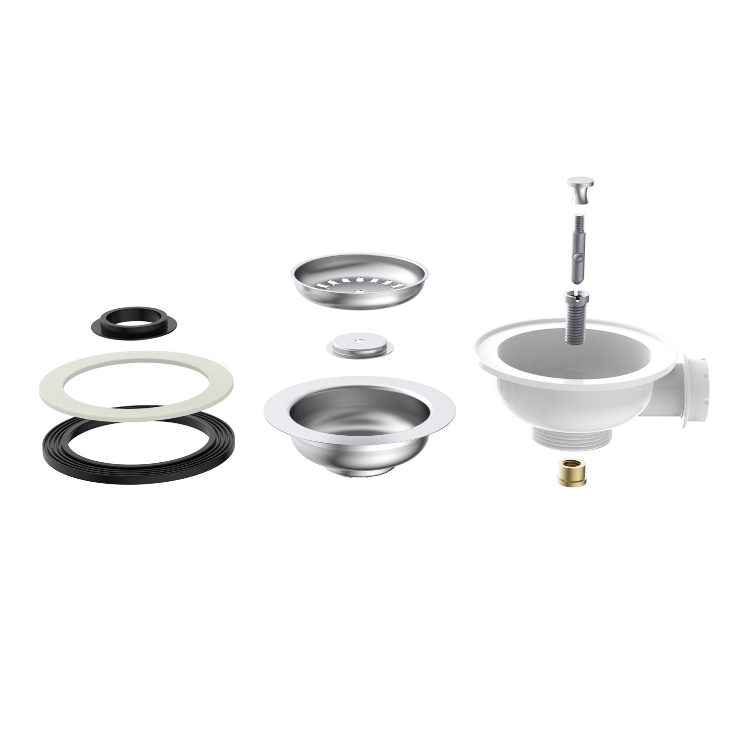 Kirchhoff Korbventil, Einzelteile: Sieb, Ventileinsatz, Dichtungen, Schrauben für Spüle.