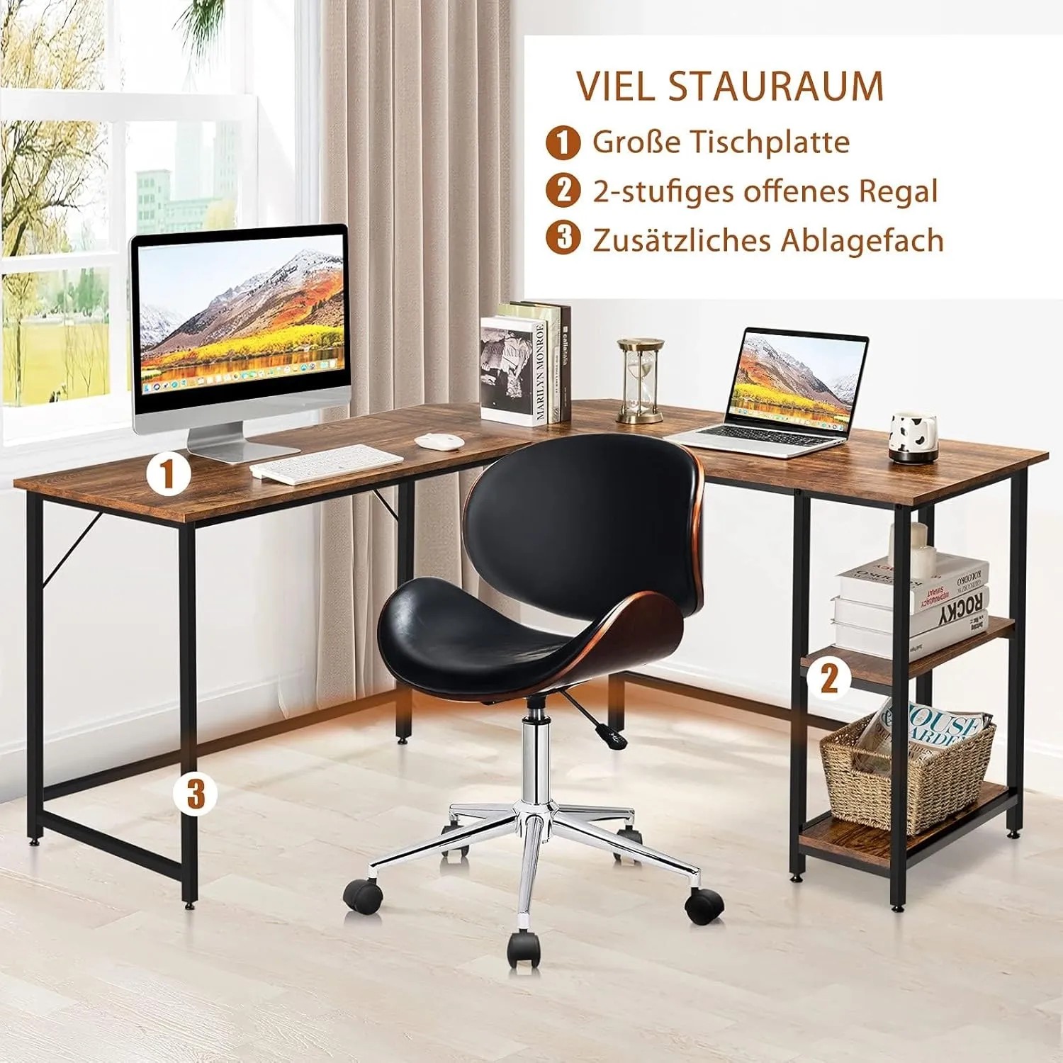 Costway L-förmiger Schreibtisch, braun, mit Regal. Ideal für Büro und Homeoffice.