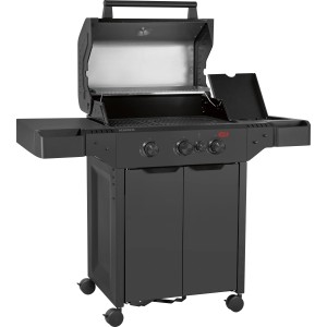 Schwarzer Jamestown 3-Brenner Gasgrill Knox II mit offenem Deckel und Seitenablagen.