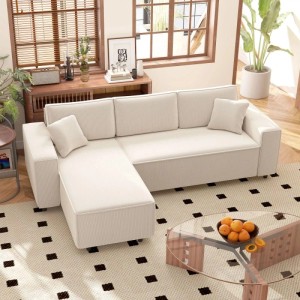 Cremeweißes HOMCOM Ecksofa aus Cordstoff mit Chaiselongue in modernem Wohnzimmer. Flexibel und bequem.