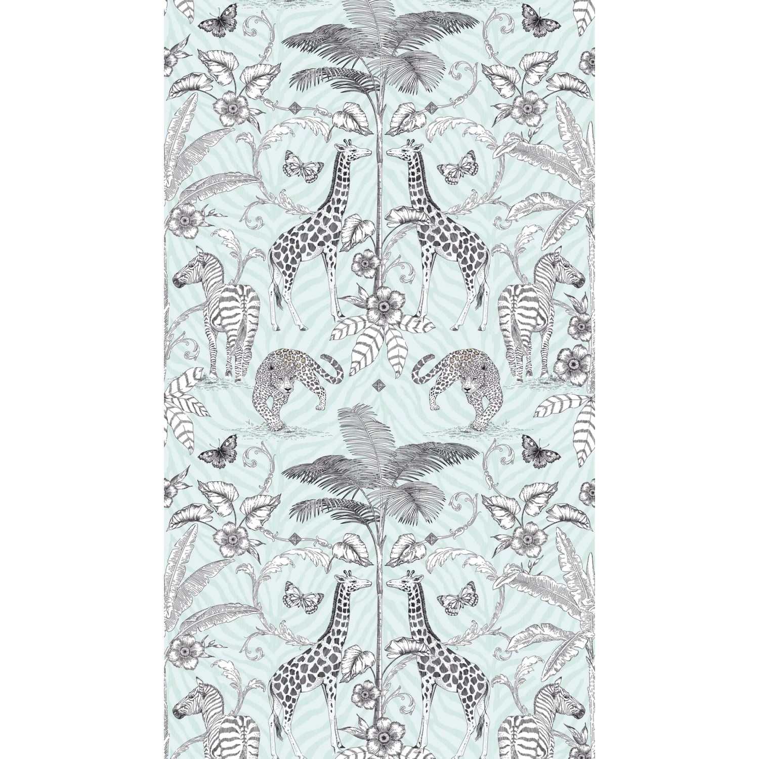 PROFHOME Fototapete mit Tiermotiv (Giraffen, Zebras, Leoparden) in Schwarz, Weiß und Grau.