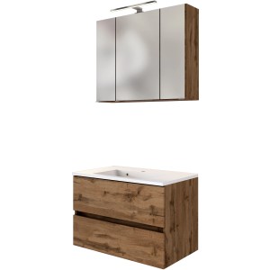 Held Möbel Waschtisch-Set Verona, 80 cm, Wotaneiche, mit Spiegelschrank und Mineralgussbecken.
