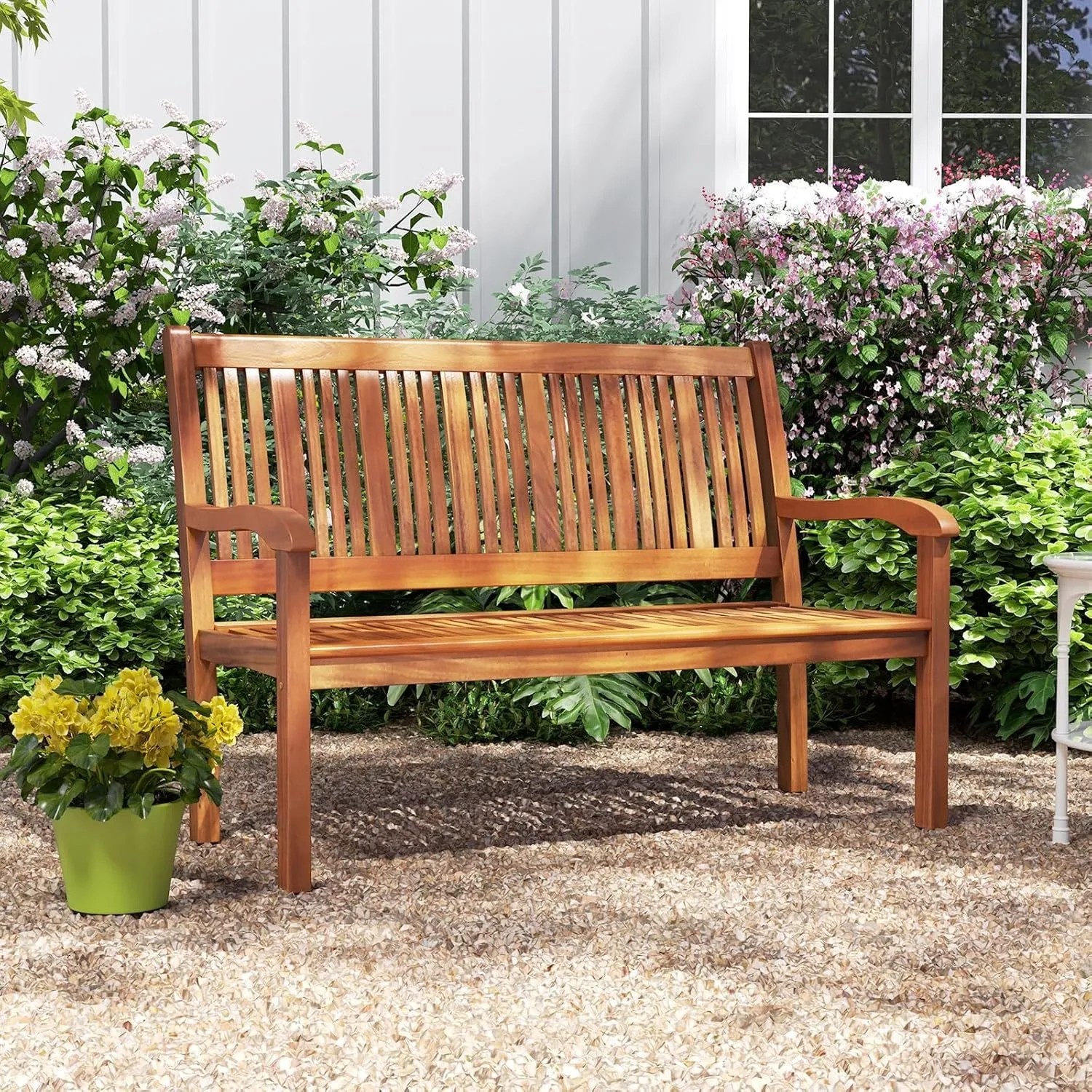 Costway Gartenbank aus Akazienholz für 2 Personen im Garten, helle Holzfarbe, Lattenrückenlehne.