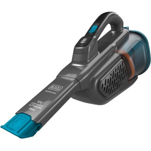 Black+Decker Akku-Handstaubsauger BHHV320B in Grau/Blau mit transparentem Staubbehälter.