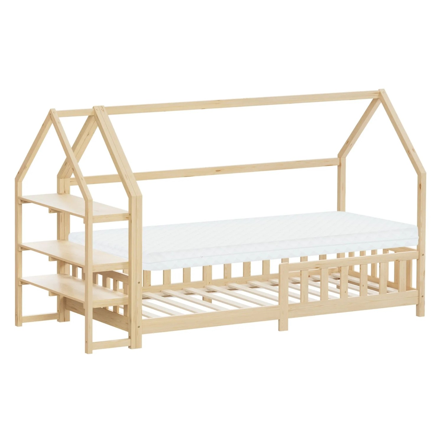 ML-Design Kinderbett 90x200 cm mit Matratze Regal Natur Kiefernholz