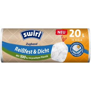 Swirl Zugband-Müllbeutel, 20 l, 15 Stück, reißfest und dicht, mit Zugband zum einfachen Verschließen.
