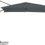 Anthrazitfarbener Schneider Ampelschirm Rhodos Junior 270x270 cm mit Kurbelmechanismus und Plattenständer.