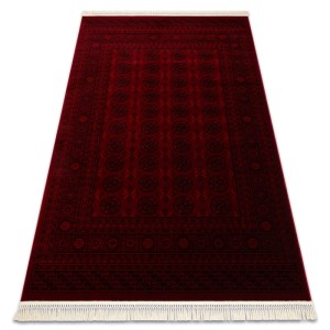 Roter Orient Teppich, 100x200cm, mit klassischem Muster und hellen Fransen. Rechteckiger Teppich.