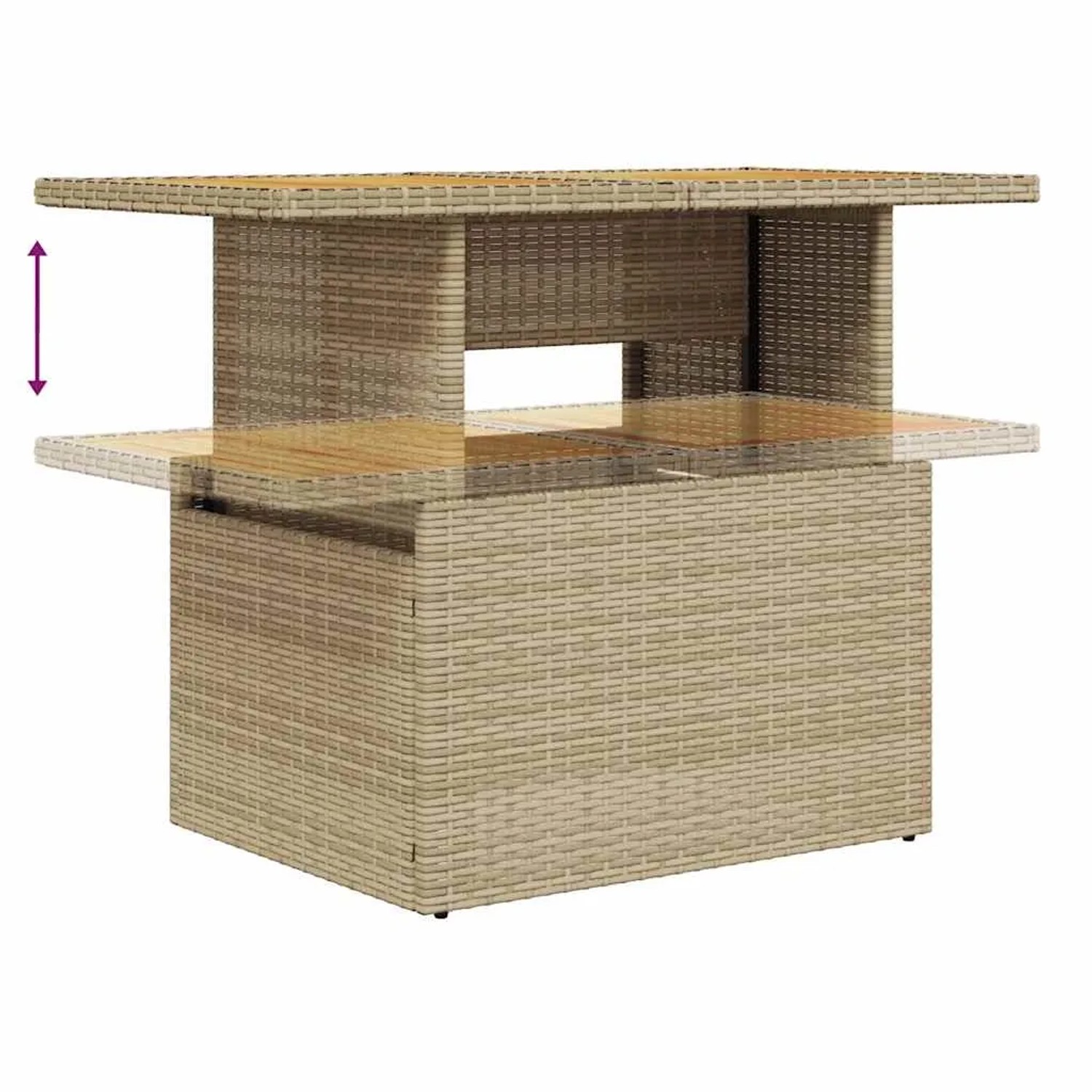 Beiger vidaXL Gartenmöbel Tisch aus Polyrattan mit höhenverstellbarer Tischplatte.
