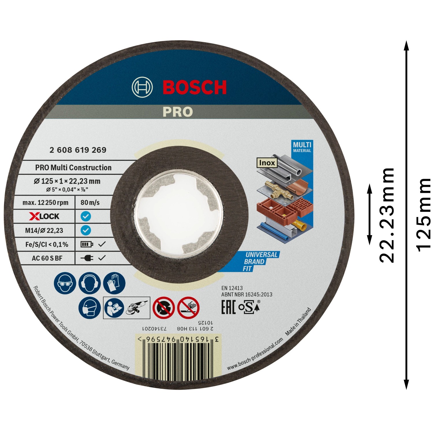 Dunkelgraue Bosch X-Lock Trennscheibe Multi Material, Ø 125 mm, für Winkelschleifer. Schneidet viele Materialien.