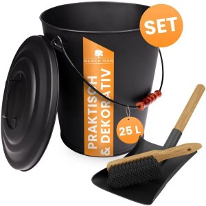 BLACK OAK Ascheeimer Set: 25L Metalleimer mit Deckel, Schaufel und Handfeger für Kamin und Grill.