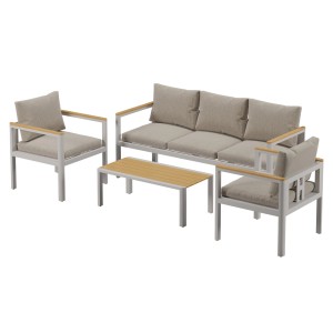 RICHLY Gartenmöbel Set: Loungeset mit Sofa, Sesseln und Tisch mit Polywood-Platte, beige.