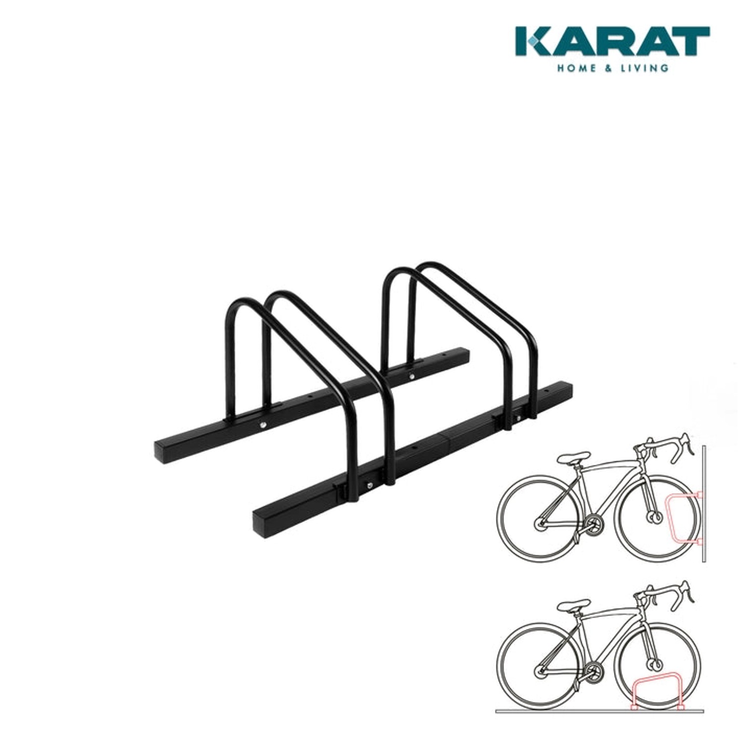 Schwarzer KARAT Fahrradständer Linus für 2 Fahrräder, zur Boden- oder Wandmontage.