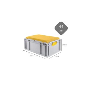 Eurobox NextGen Seat Box, 44 Liter, gelber Sitz, grauer Eurobehälter, geschlossen, mit Griffen.