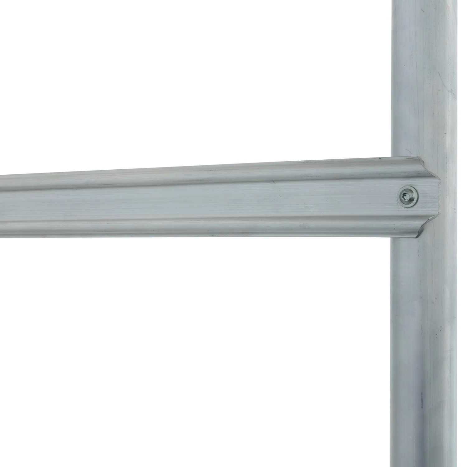 Detailaufnahme: Aluminium-Geländer einer Krause Podestleiter Stabilo, 6 Stufen.