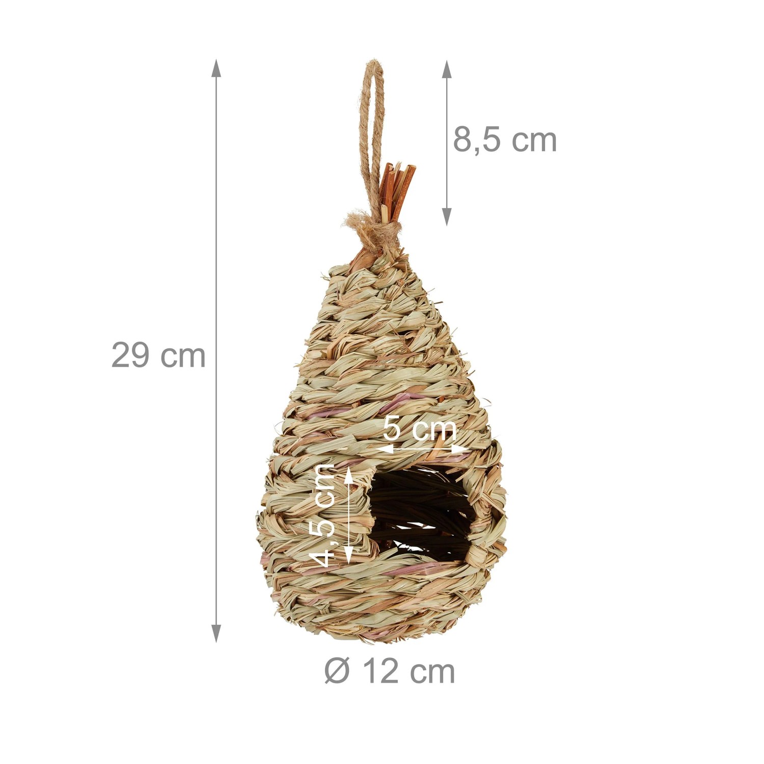 Natürliches Vogelnest aus geflochtenem Stroh in Tropfenform mit Flugloch und Aufhängeschlaufe für Ziervögel.