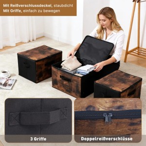 3er Set Faltboxen Holzoptik mit Reißverschlussdeckel und Griffen. Praktische Aufbewahrungsboxen für Kleidung und Regal.