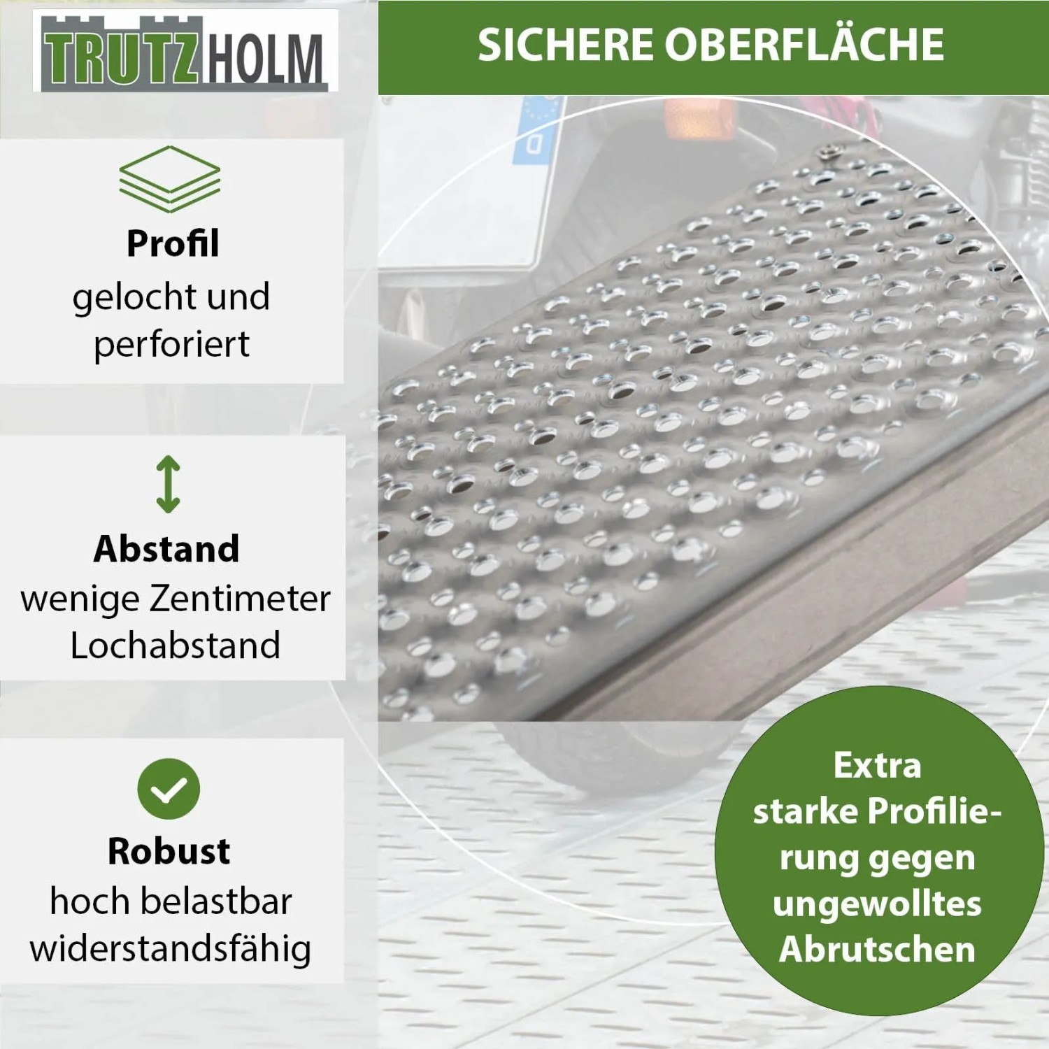 Detail der TRUTZHOLM Auffahrrampe: perforierte, rutschhemmende Aluminium-Oberfläche für sicheres Verladen.