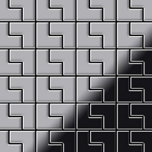 Hochglänzende, graue Edelstahl Mosaikfliese im Kink Design. Quadratische Form mit L-förmigem Muster.