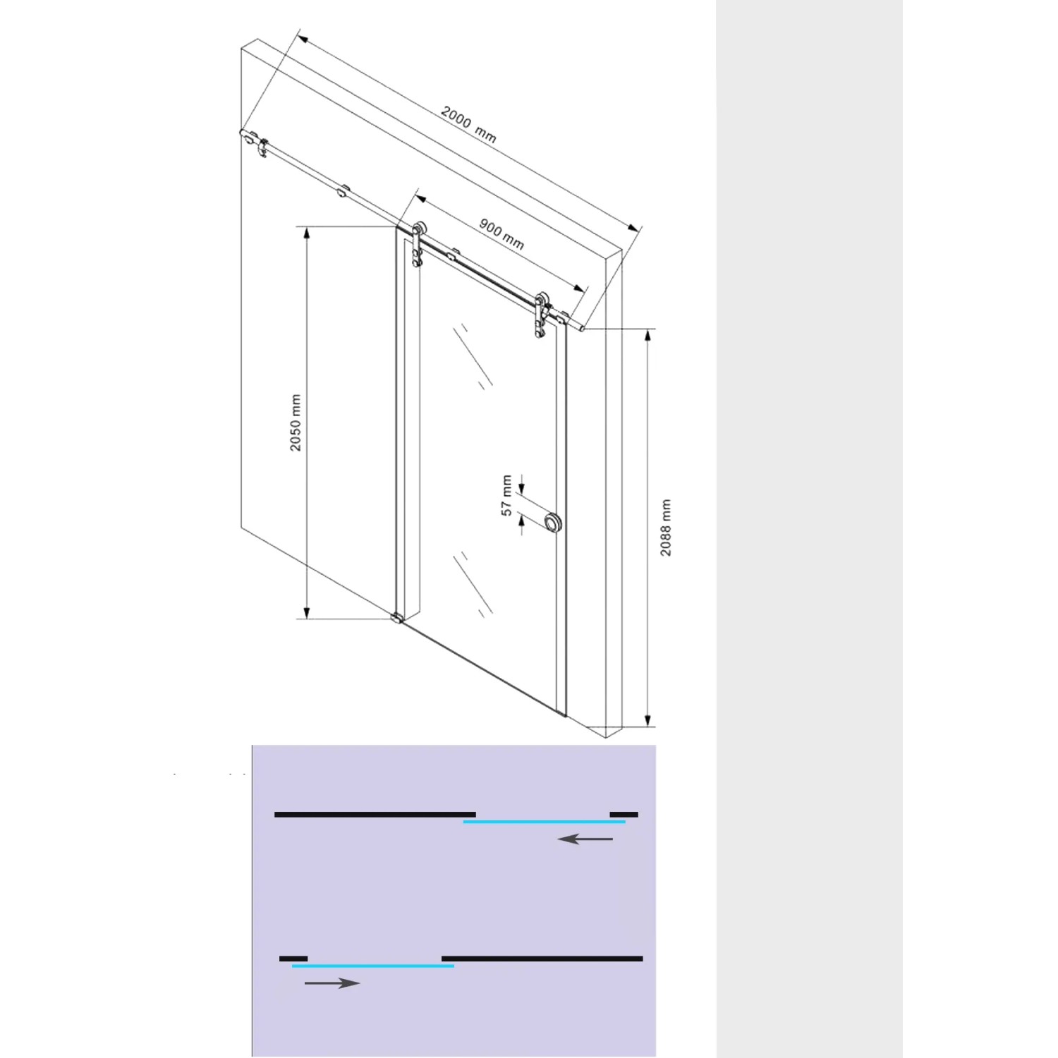 Technische Zeichnung: Glaszentrum Hagen Glasschiebetür 900mm, Glastür mit Maßen.