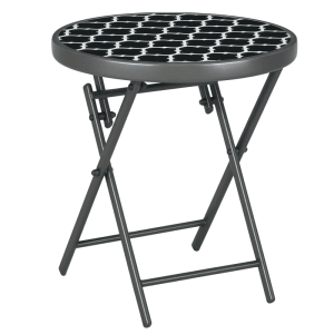 Runder, schwarzer Outsunny Metall-Beistelltisch mit klappbarem Gestell und gemusterter Glasplatte für Garten & Outdoor.