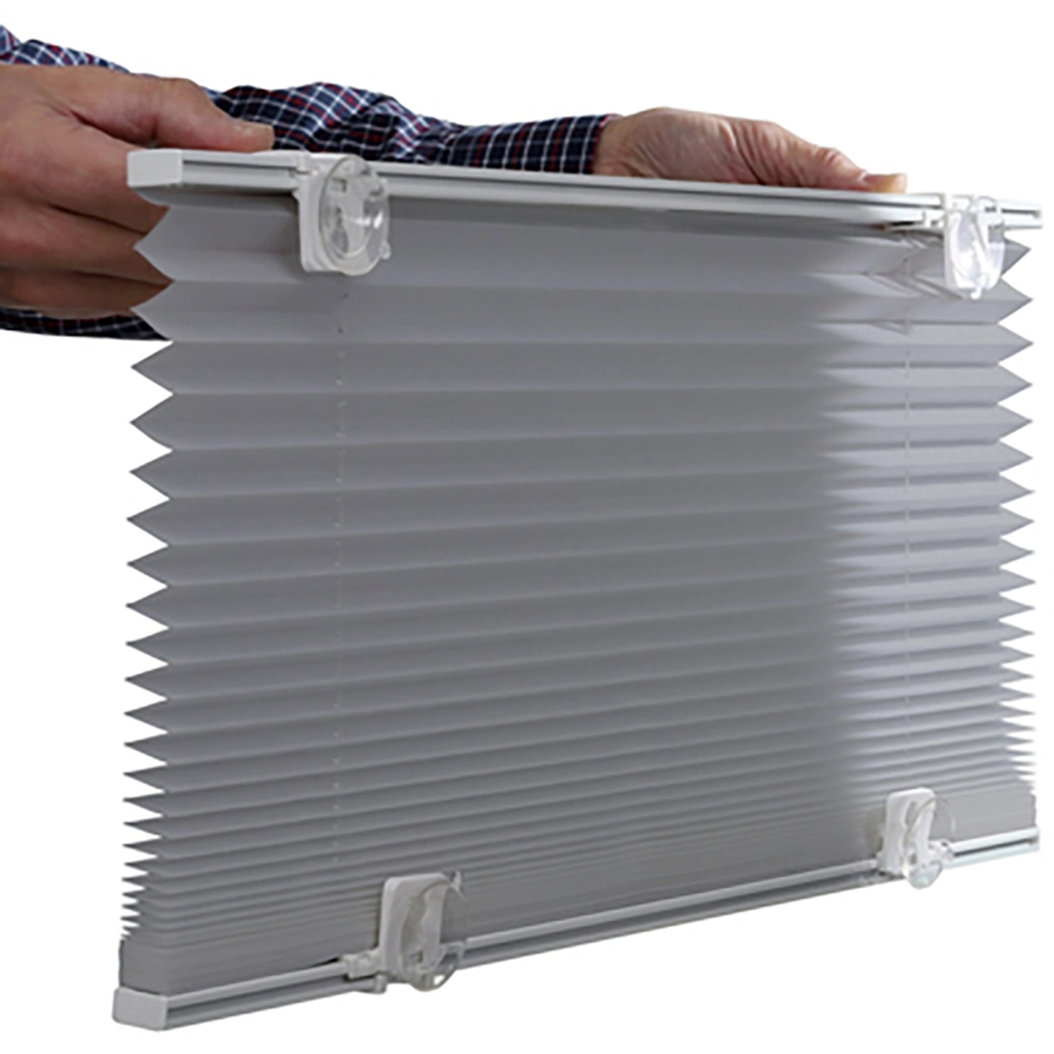 Graues Gardinia Dachfenster-Plissee mit Saugnäpfen, geeignet für Velux Fenster.