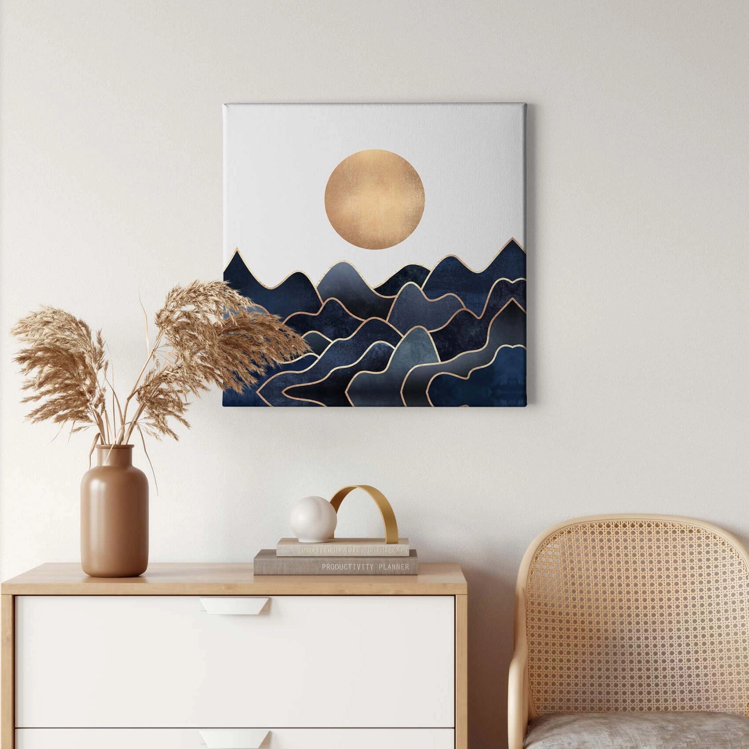 Bricoflor Mid Century Wandbild Modernes Leinwand Bild Mit Meer Und Sonne Kunstdruck Leinwandbild In Blau Und Gold Für Wo
