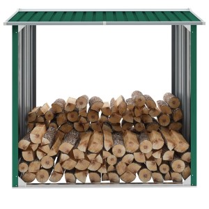 Grünes VidaXL Brennholzlager aus verzinktem Stahl, gefüllt mit Holzscheiten.