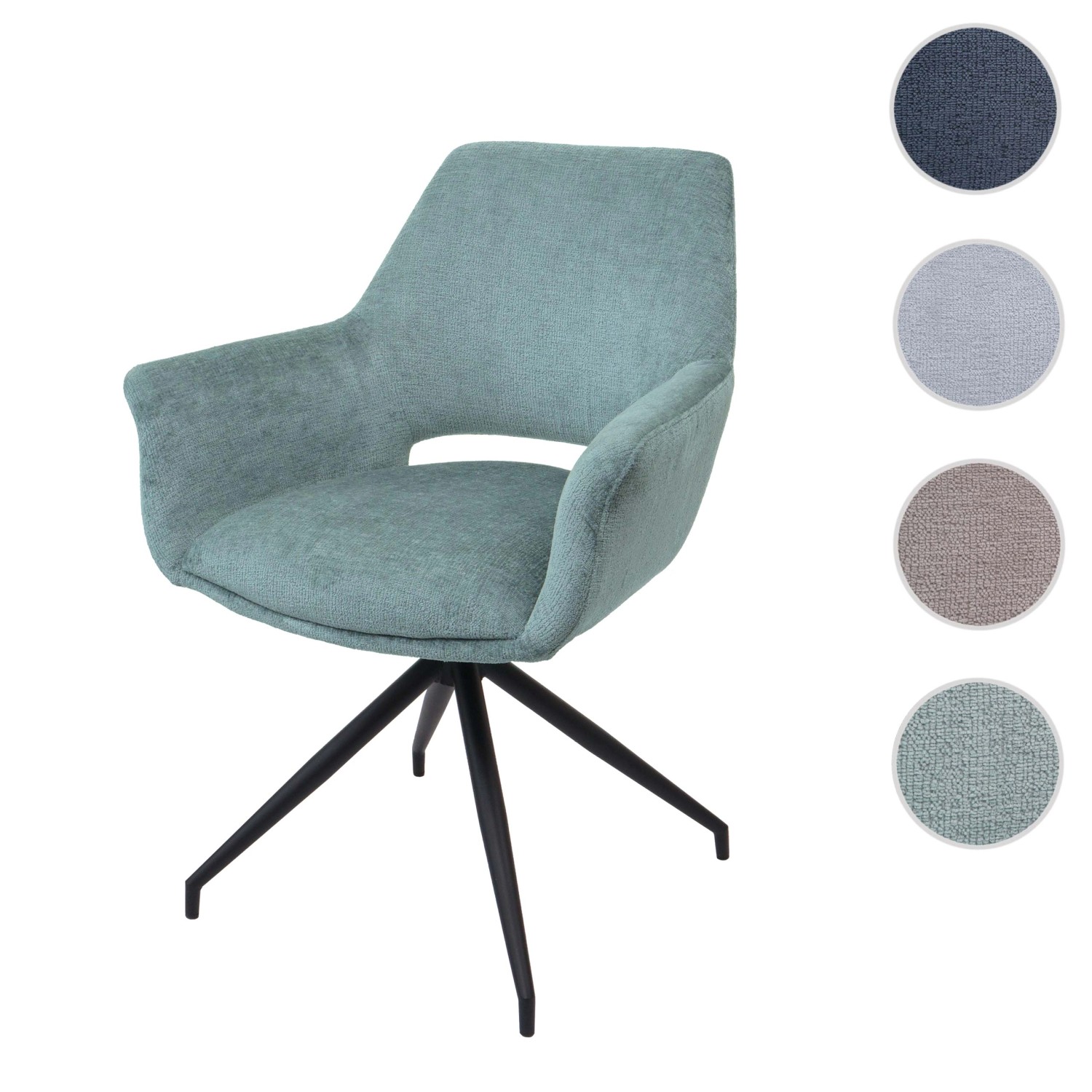 Moderner MCW Esszimmerstuhl M53 in Grau-Blau mit Armlehnen und schwarzem Stativgestell.