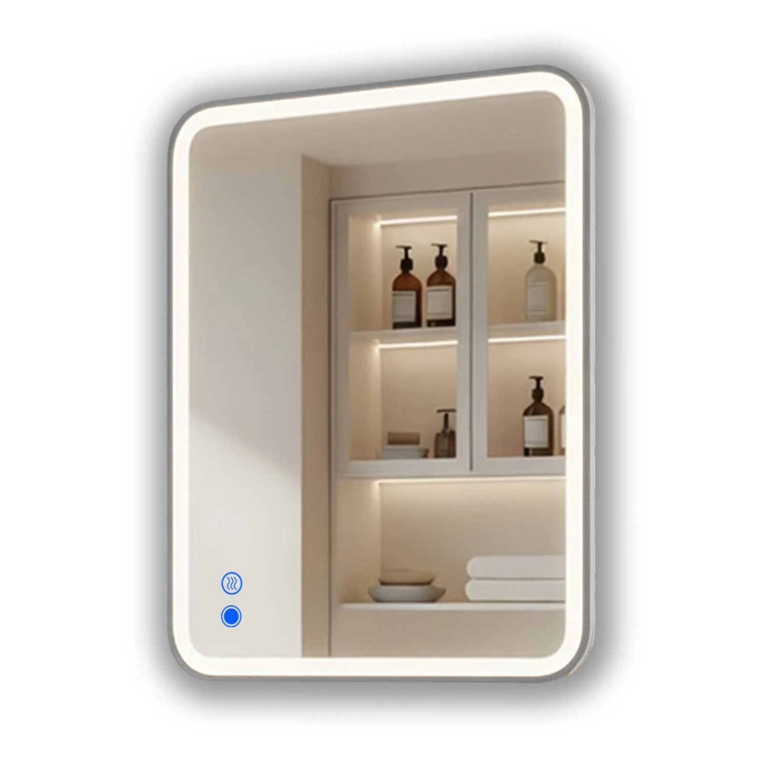 ARTFORMA LED Badspiegel Rechteckig mit Abgerundeten Ecken 80x60 cm mit Beleuchtung Rahmen Gebürstetes Silber Antibeschlag Touch IP44