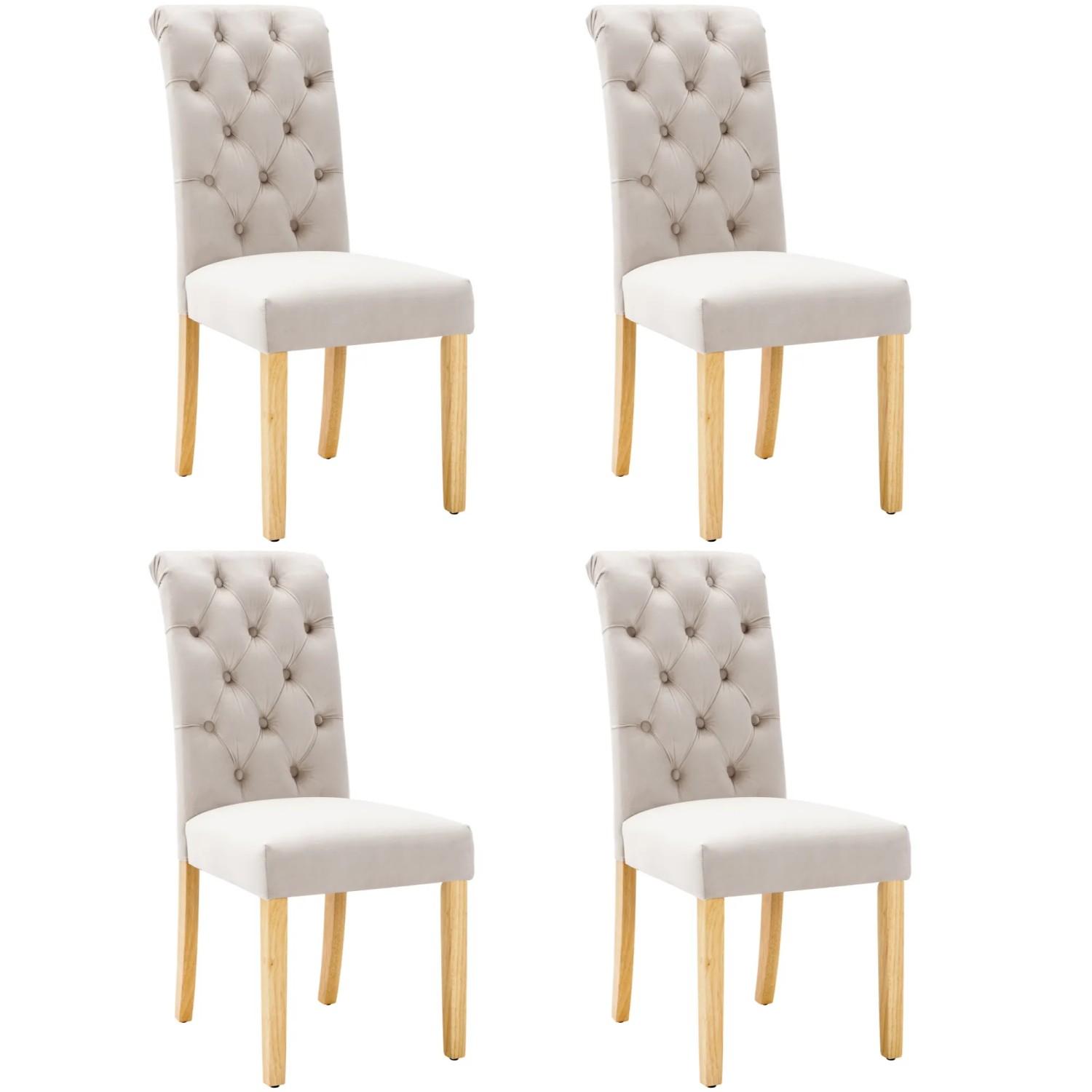 Merax Samt Esszimmerstühle 4er Set mit Eichenbeinen Knopf Chromklopfer Beige