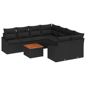 Schwarzes 9-teiliges vidaXL Garten-Sofa-Set aus Rattan mit Akazienholz-Tisch für Terrasse und Garten.