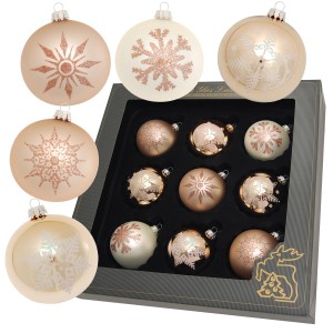 9-teiliges Set Krebs Glas Lauscha Weihnachtskugeln in Cappuccino und Beige mit Schneeflocken.