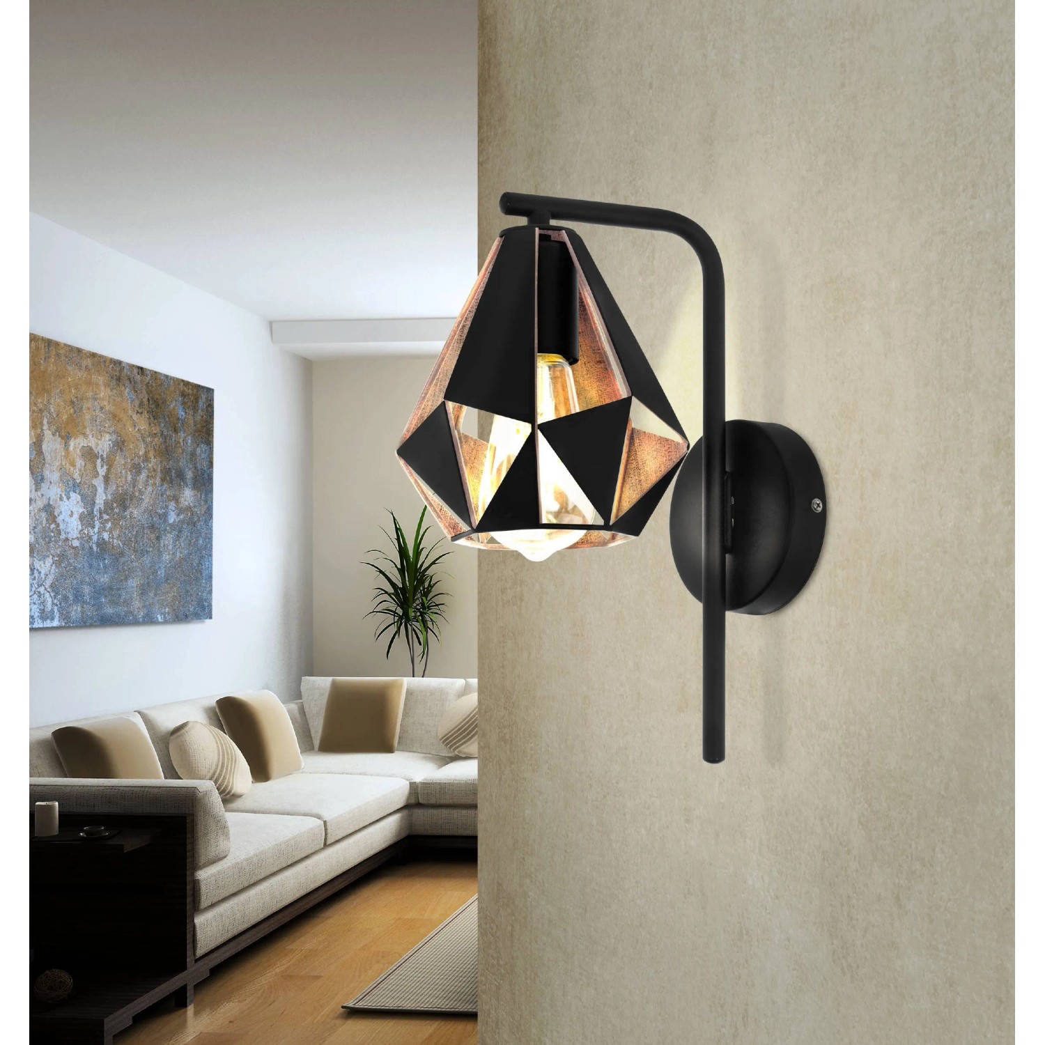 Eglo Wandleuchte Carlton, 1-flammig, schwarz-kupfer antik, im Wohnraum.