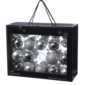 Set mit 42 silbernen Weihnachtskugeln aus Glas (glänzend, matt, glitzernd) in einer Box.