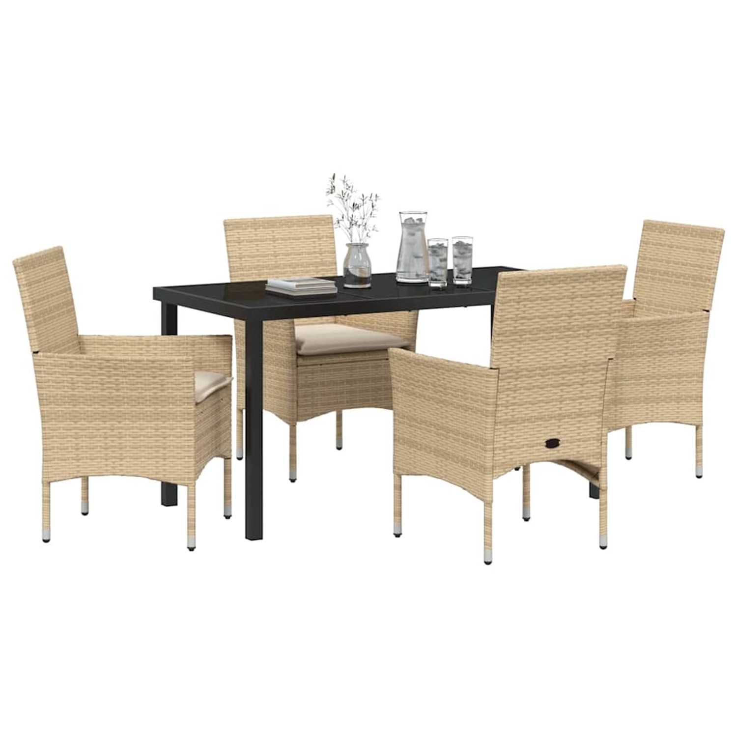 Beige 5-tlg. vidaXL Garten Essgruppe aus Poly Rattan mit Tisch und 4 Stühlen mit Kissen.