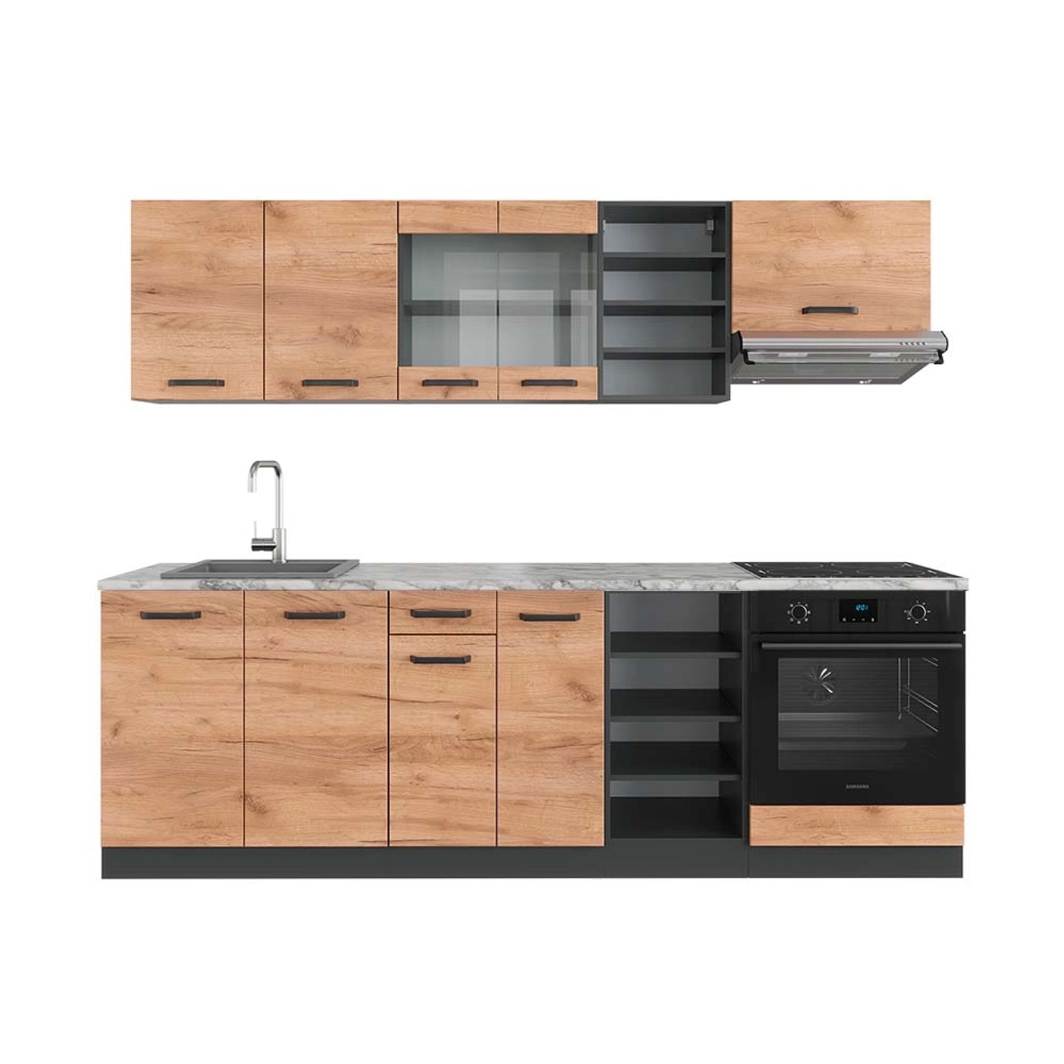 Vicco R-Line Küchenzeile Goldkraft Eiche/Anthrazit 240 cm AP Marmor Opt 2 günstig online kaufen