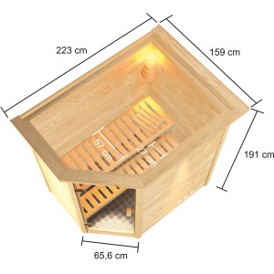 Woodfeeling Sauna Jella mit Ofen, LED-Dachkranz, zwei Bänken und Maßen. Aufsicht.