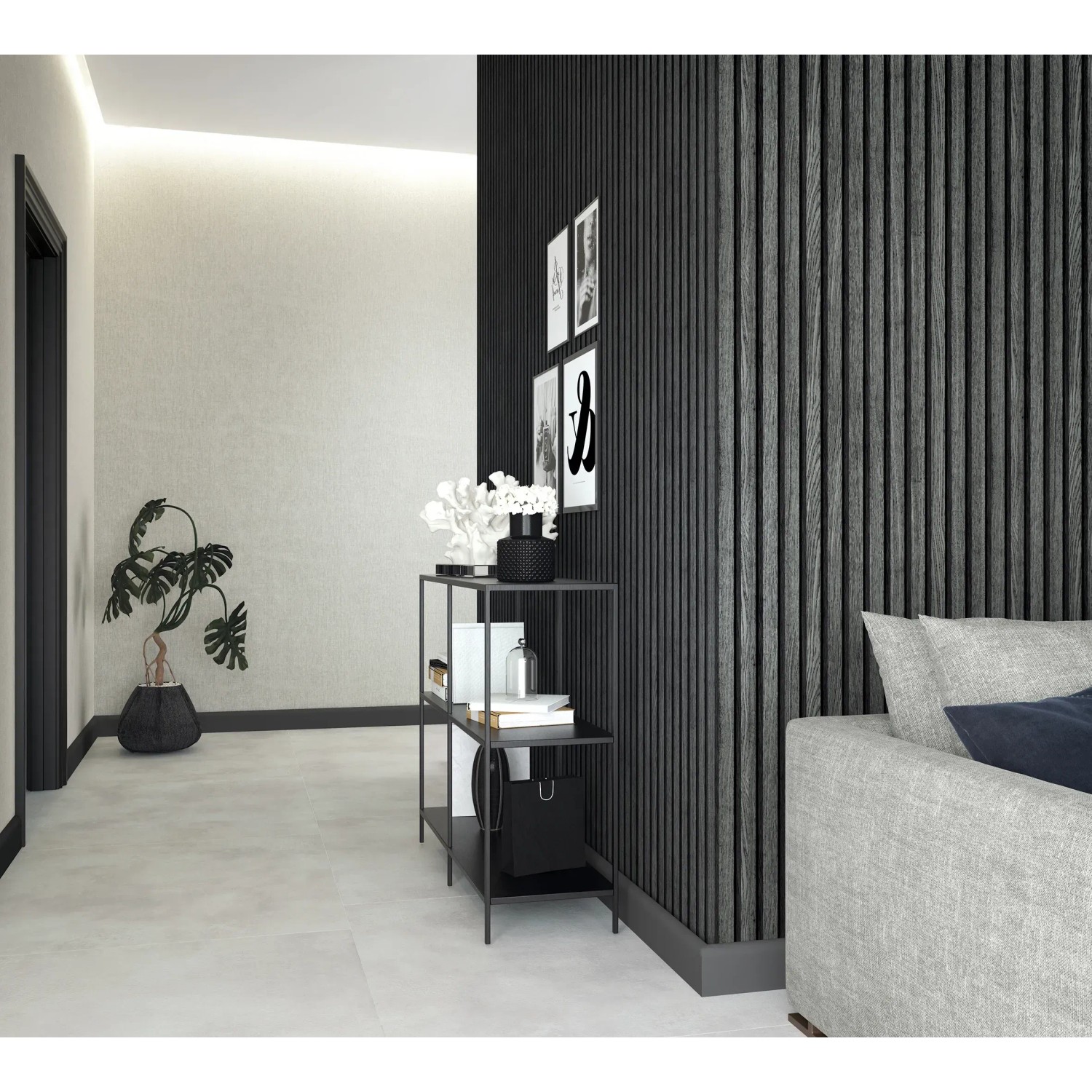 Marburg Vliestapete Botanica 2, Holzoptik schwarz-anthrazit, im Wohnraum mit Regal und Deko.