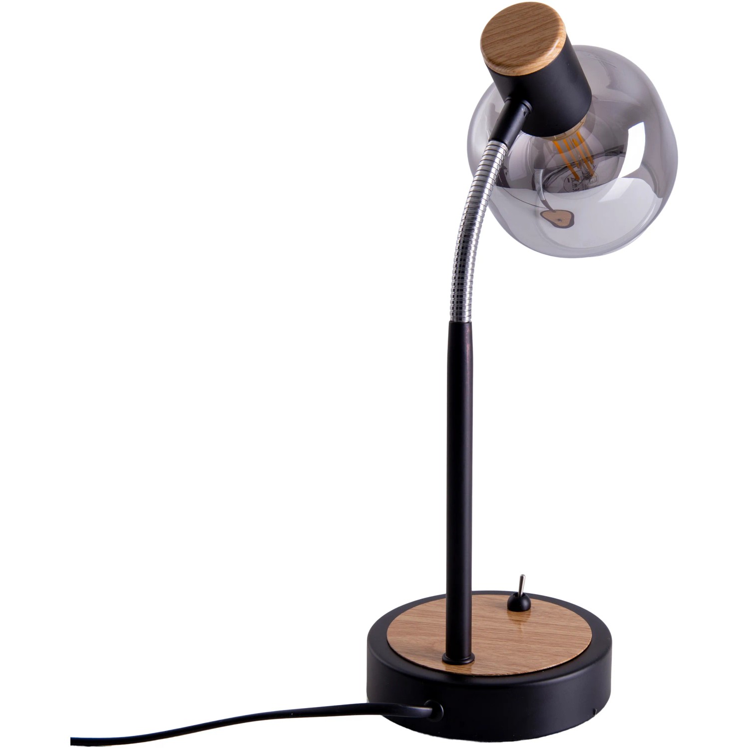 Näve Tischleuchte Fumoso, 39 cm, Design-Tischlampe mit grauem Glasschirm und Holzdetails.
