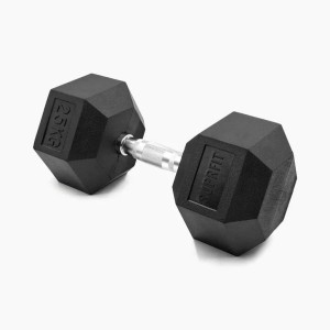 Schwarze Suprfit Hex Gummi-Kurzhantel 25 kg mit silbernem Griff. Sechseckige Form für stabilen Stand beim Krafttraining.