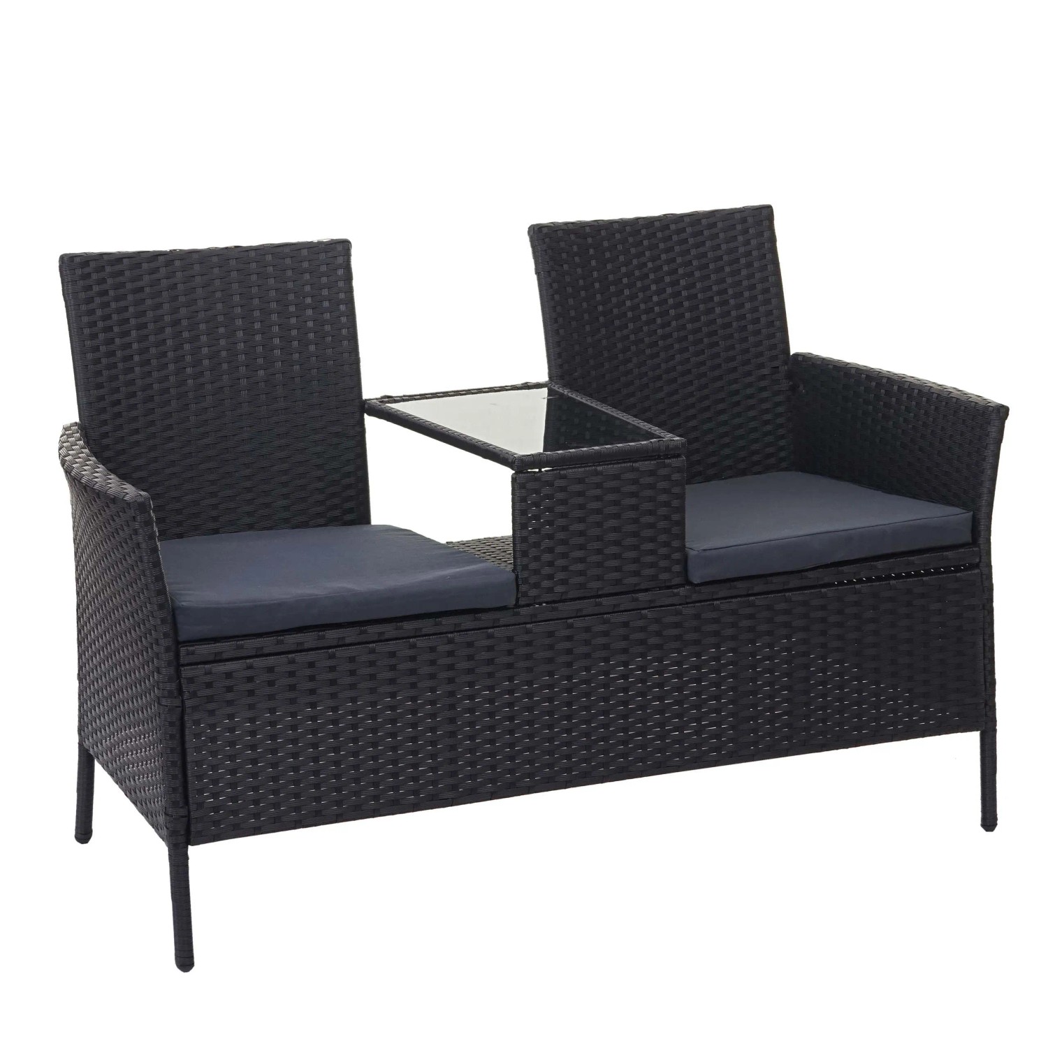 MCW Poly-Rattan Sitzbank mit Tisch E24 Schwarz Kissen Dunkelgrau