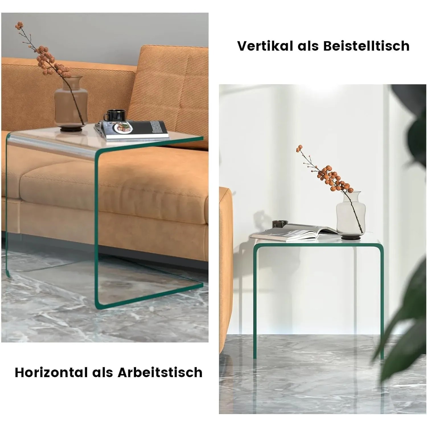 COSTWAY U-förmiger Beistelltisch aus Glas, horizontal und vertikal nutzbar.