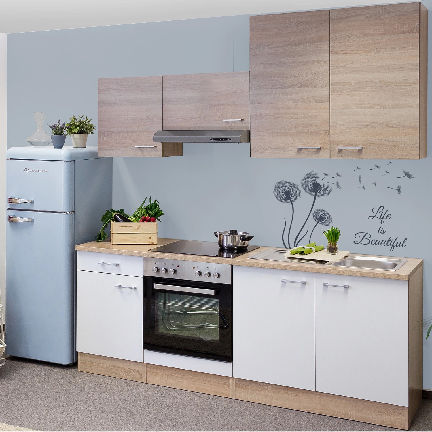 Flex-Well Classic Küchenzeile/Küchenblock Florida 210 cm Sonoma Eiche-Weiß-Sonoma Eiche